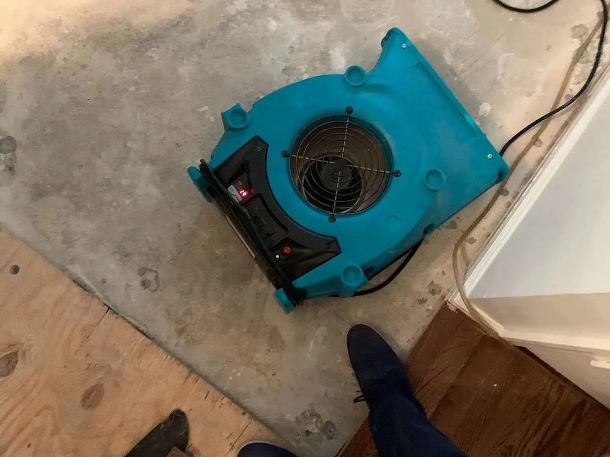 Air mover drying subfloor during Commercial Water Damage Restoration in Chestertown